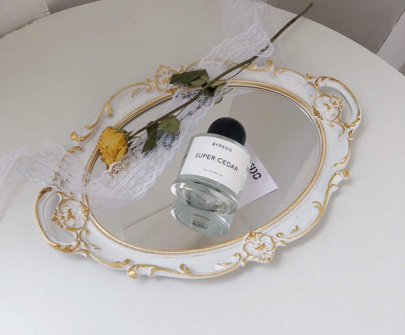 Schonee Oval Vintage Decorative Mirror Tray, Jewelry Cosmetics Makeup Dresser Storage Organizer Tray, Serving Tray (9.8â€x 14.6â€) White - Image 3